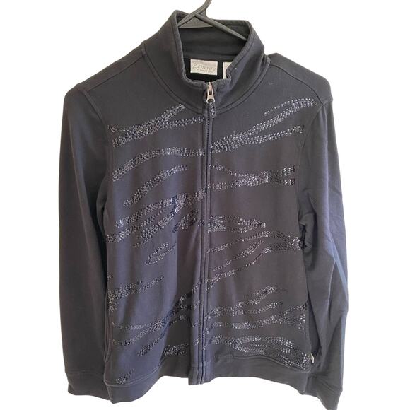 Chico’s Zenergy Black Sequin Full Zip Mock Neck Athletic Jacket Pockets Size S - Picture 1 of 4